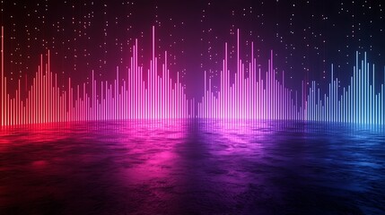 Wall Mural - Abstract sound wave visualization, vibrant neon colors, dark background, music concept, ideal for tech or music related projects.