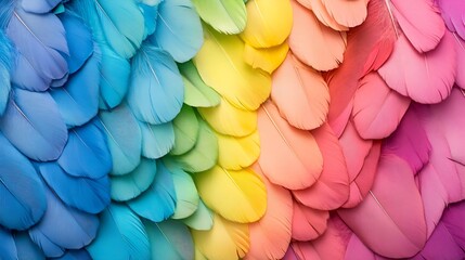 Leinwandbilder - Colorful rainbow feathers arranged in a vibrant gradient pattern background : Generative AI