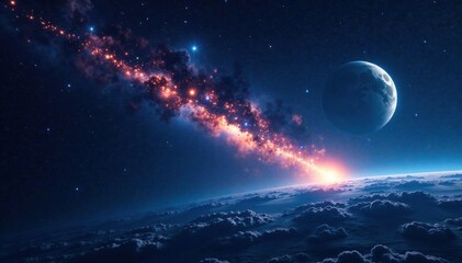comet streaks across dark sky, planet earth visible in distance, earth, astronomy, comet