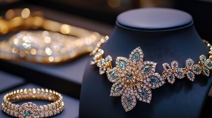 Aufkleber - Elegant jewelry display featuring intricate gold and diamond accessories : Generative AI