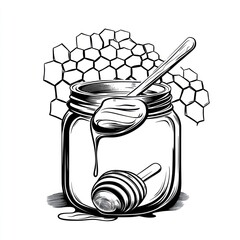 Poster - Honey jar with spoon and honeycomb background graphic