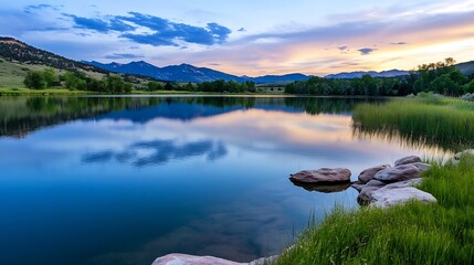 Poster - Stunning sunset reflection over a tranquil lake surrounded by mountains and lush greenery : Generative AI