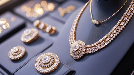 Aufkleber - Elegant Display of Luxury Gold Jewelry Set with Sparkling Diamonds for Timeless Style : Generative AI