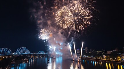 Leinwandbilder - Vibrant Fireworks Display Illuminating Night Sky Over City Skyline : Generative AI