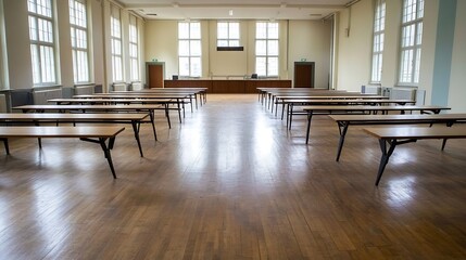 Leinwandbilder - Sleek Empty Classroom with Desks and Natural Light for Educational Environment and Learning : Generative AI