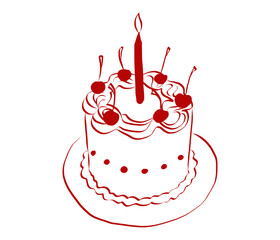 Poster - Girly cake round shape of hand drawn line art style. Coquette cute birthday sweets with bow and ribbon for Birthday and Valentine day invitations templates. Doodle vector illustration