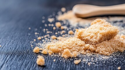 Poster - Natural Brown Sugar Granules Piled on a Wooden Table for Culinary Use : Generative AI