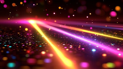Wall Mural - Colorful light beams sparkle on glittering surface; abstract background for design.