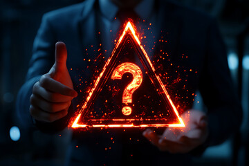 Wall Mural - Businessperson Interacting with Glowing Red Question Mark Triangle