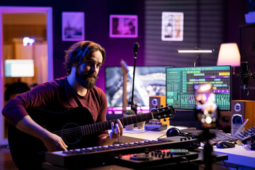 Poster - Musician teaching guitar lessons on internet with tutorials for social media pages, explaining strings accords on acoustic instrument. Guitarist doing online singing classes, filming with smartphone.