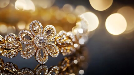 Aufkleber - Elegant Golden Jewelry Piece with Sparkling Diamonds on Reflective Surface : Generative AI