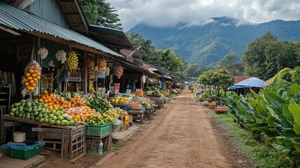 Wall Mural - old traditional Thai local farmer street market at countryside of Thailand.