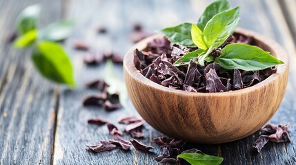 Poster - Fresh Organic Basil Leaves on a Wooden Table in a Bowl for Culinary Use : Generative AI