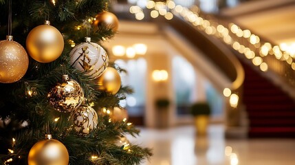 Aufkleber - Elegant Christmas Tree Decorated with Baubles and Lights Welcoming the Holiday Season in a Luxurious Setting : Generative AI