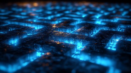 Wall Mural - Glowing blue cubes, abstract tech background, futuristic city.