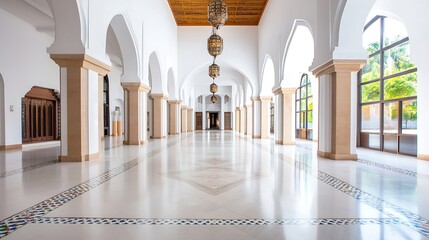 Elegant Hallway with Arched Windows and Elegant Lighting Fixtures in a Cultural Building : Generative AI