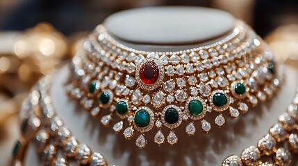 Aufkleber - Elegant Red and Green Jewel Necklace on Display at a Jewelry Store : Generative AI