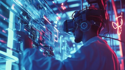 man in vr headset interacts with holographic interface.