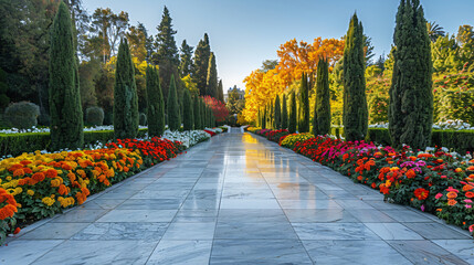 A serene marble pathway surrounded by rows of tall trees and colorful flowers, the air filled with the scent of fresh blossoms, inviting one to stroll along in peace. 