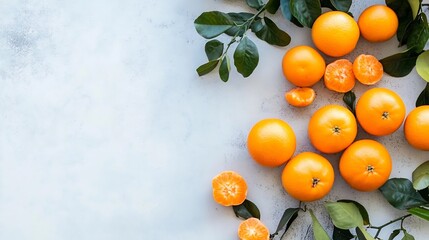 Aufkleber - Vibrant fresh oranges and tangelos arranged on a textured surface with green leaves : Generative AI