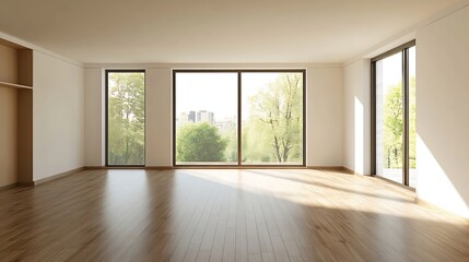 Leinwandbilder - Bright and Airy Unfurnished Room with Large Windows Overlooking Lush Green Trees : Generative AI