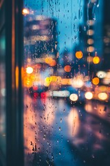 Aufkleber - City evening view with rain on window and blurred traffic lights giving a moody urban atmosphere : Generative AI