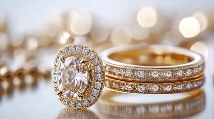 Aufkleber - Elegant Golden Engagement Ring Set with Sparkling Diamonds Glimmering with Beautiful Bokeh Lights in Background : Generative AI