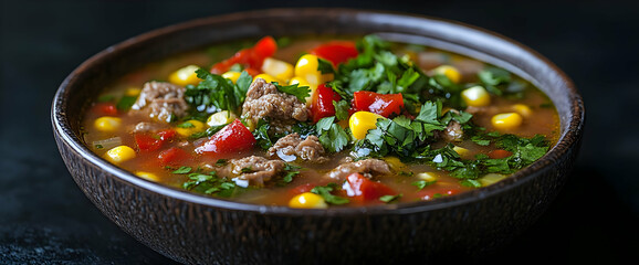 Wall Mural - Hearty Beef And Corn Soup In Dark Bowl