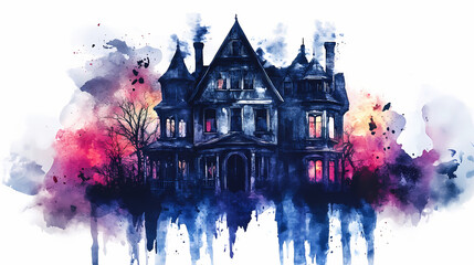 A haunted house with spectral lights and shadows, frightening effect, watercolor art, isolated on white background. Haunted Relics. Illustration