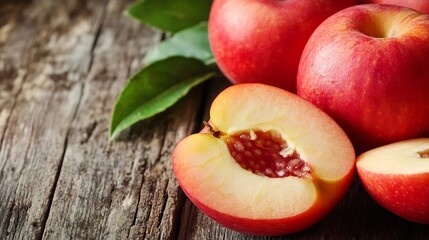 Poster - Fresh Red Apples with a Slice on Rustic Wooden Table in a Natural Setting : Generative AI