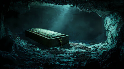 An eerie underground scene featuring an old coffin illuminated by a haunting light. Haunted Relics. Illustration