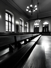 Poster - Elegant Black and White Image of a Spacious Interior with Rows of Wooden Benches and Classic Architecture : Generative AI