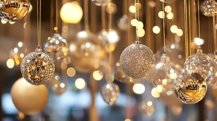 Aufkleber - Shimmering Christmas Ornaments Hanging with Warm Twinkling Lights : Generative AI