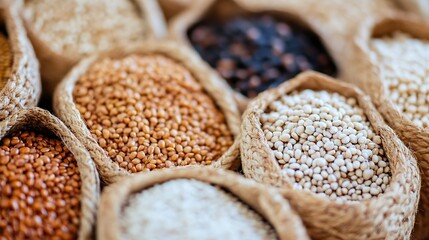 Colorful Variety of Grains and Seeds in Natural Jute Bags for Healthy Nutrition : Generative AI