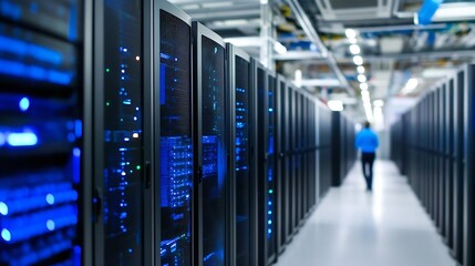 Fototapete - Modern Data Center with Rows of Servers under Blue LED Lights in High-Tech Environment : Generative AI