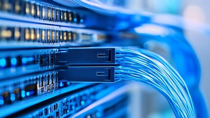 Fototapete - High-Tech Data Center with Blue Fiber Optic Cables Connected to Server Equipment : Generative AI