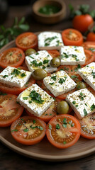 Wall Mural - Fresh Tomato And Feta Salad On Wooden Plate