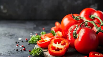 Aufkleber - Fresh Red Tomatoes and Spices on Dark Stone Background for Cooking : Generative AI