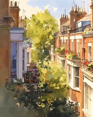 Wall Mural - London terraced houses with detailed brickwork, blue windows, flower boxes, and narrow lanes