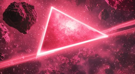 neon triangle portal in pink space with asteroids