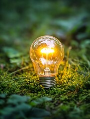 Aufkleber - Glowing Light Bulb on Lush Green Moss Symbolizing Eco Friendly Energy and Illumination in Nature : Generative AI