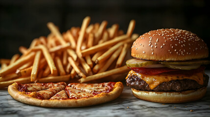 Poster - Delicious Burger Fries And Pizza Combo On Wooden Table