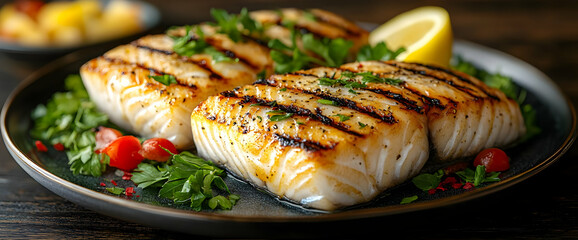 Wall Mural - Grilled Cod Fillet with Lemon and Herbs on Dark Plate