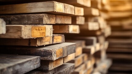 Aufkleber - Stacked Wooden Planks Close Up in a Timber Yard for Building and Design Projects : Generative AI