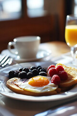 Wall Mural - Sunny breakfast: Egg, berries and toast, with orange juice and coffee, lit by morning light.