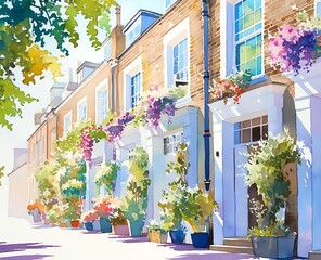 Wall Mural - London terraced houses with detailed brickwork, blue windows, flower boxes, and narrow lanes