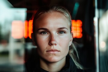 Young caucasian female with serious expression in urban setting