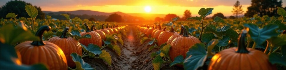 pumpkin patch with vines and stems at sunset, sunset, pumpkin, harvest season