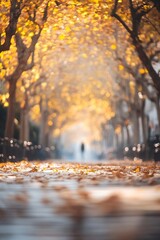 Poster - Golden Autumn Leaves Creating a Dreamy Pathway in a City Park Filled with Warm Light : Generative AI