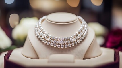 Aufkleber - Elegant Diamond Necklace Displayed on a Stylish Jewelry Stand with Soft Lighting : Generative AI
